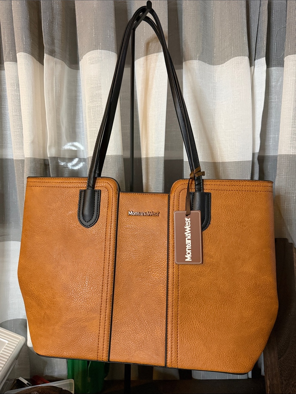 Montana West Cognac Tote with Black Handles